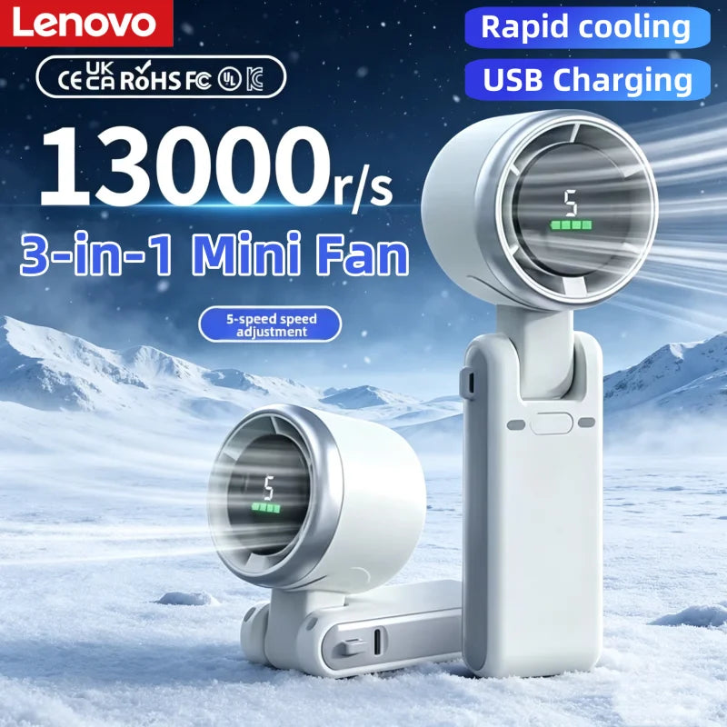 Lenovo 3-in-1 Mini Fan 5-speed 3600mAh Recharge Lithium Battery USB Charging Portable Cooler For Outdoor Camping Trip Summer New