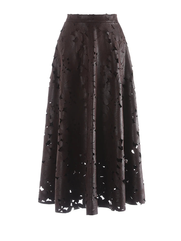 [EAM] High Waist Brown Pu Leather Hollow Out Elegant A-line Half-body Skirt Women Fashion Tide New Spring Autumn 2026 1DJ4309