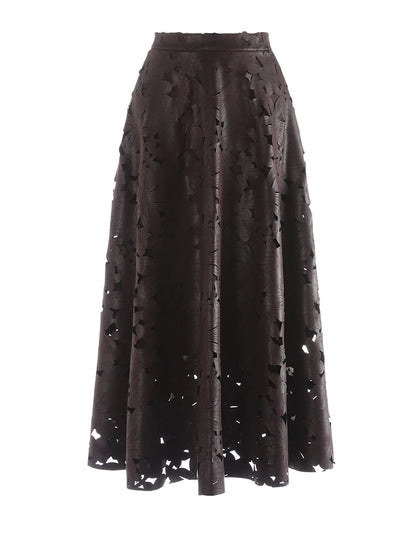 [EAM] High Waist Brown Pu Leather Hollow Out Elegant A-line Half-body Skirt Women Fashion Tide New Spring Autumn 2026 1DJ4309
