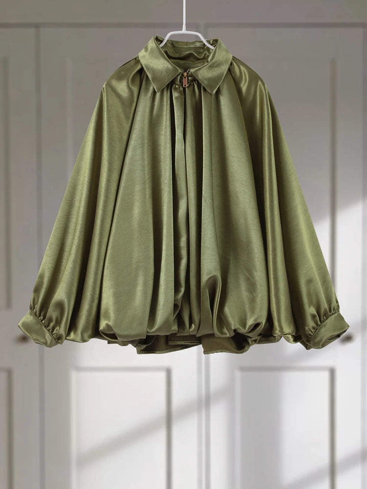 Pleated Zipper Green Oversize Jacket Women Long Lantern Sleeve Lapel Folds Elegant 2025 Spring Coat Street Commuter Lady Tops