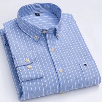 Men's Long Sleeve Oxford Dress Shirt 100% Cotton Plaid Checkered Chest Pocket Button Down Collar Casual Shirts