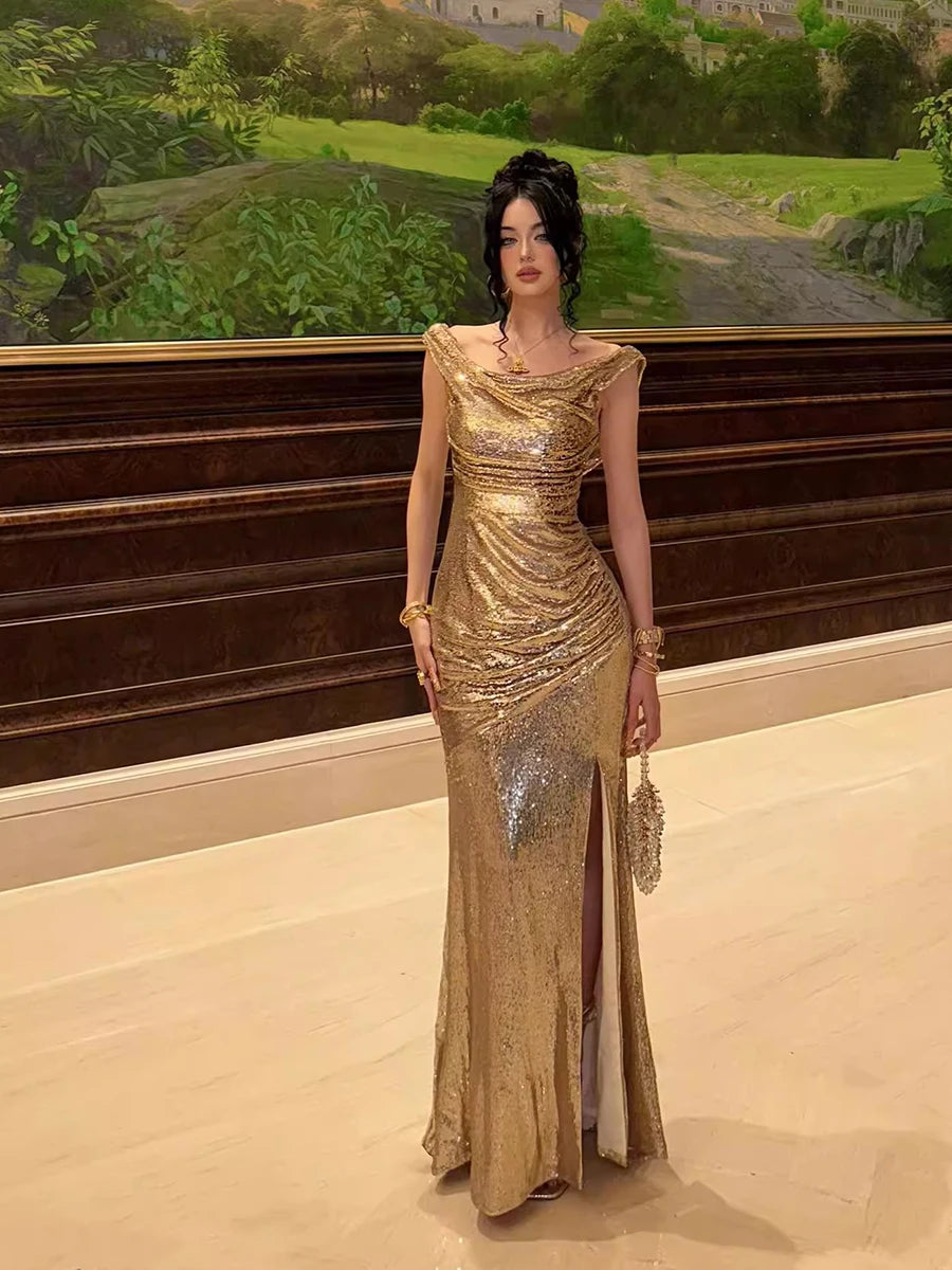 REDDACHiC Elegant Cowl Neck Women Glitter Dress Gold Sequin Maxi Long Backless Split Mermaid Bodycon Cocktail Party Evening Gown