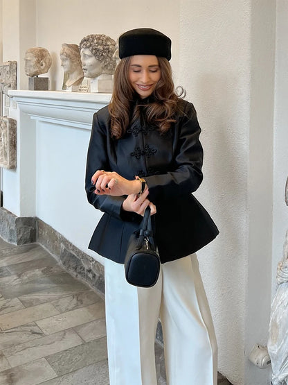 Chic Satin Women Short Buttoned Coat Elegant Round Neck Single Breasted Cinched-waist Crop Jacket 2026 Lady Commute Street Coats