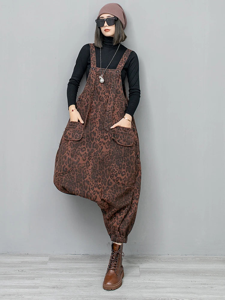[EAM] High Waist Leopard Print Denim Pocket Big Size Overalls Wide Leg Jeans New Women Fashion Tide Spring Autumn 2026 1DH6428