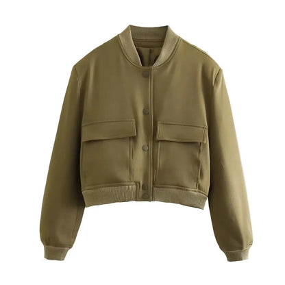HH Women Casual Solid Bomber Jackets Fashion Long Sleeve Buttons Crop Coats Pockets Female 2025 Autumn Elegant Outerwear