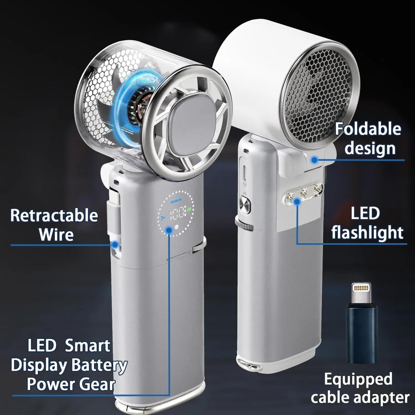 Portable Handheld Fan, 9000mAh Rechargeable Travel Fan as Power Bank, 100 Speed Personal Hand Face Fan with Retractable Wire