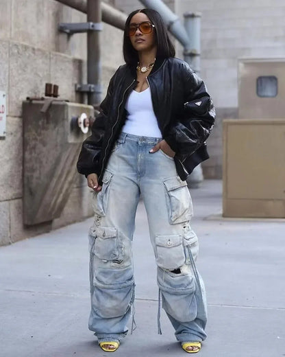 Washed Cargo Pants Women Hole Distressed Jeans Vintage Pockets Mid Waist Trousers 2024 Autumn Female Casual Denims Streetwear