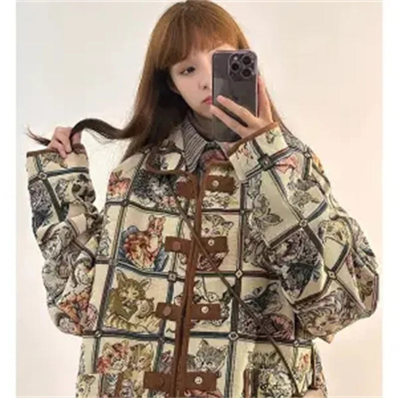 Original Niche American Retro Cat Jacquard Jacket Jacket for Women's 2024 Autumn/Winter New Loose and Lazy Style Top Printed For