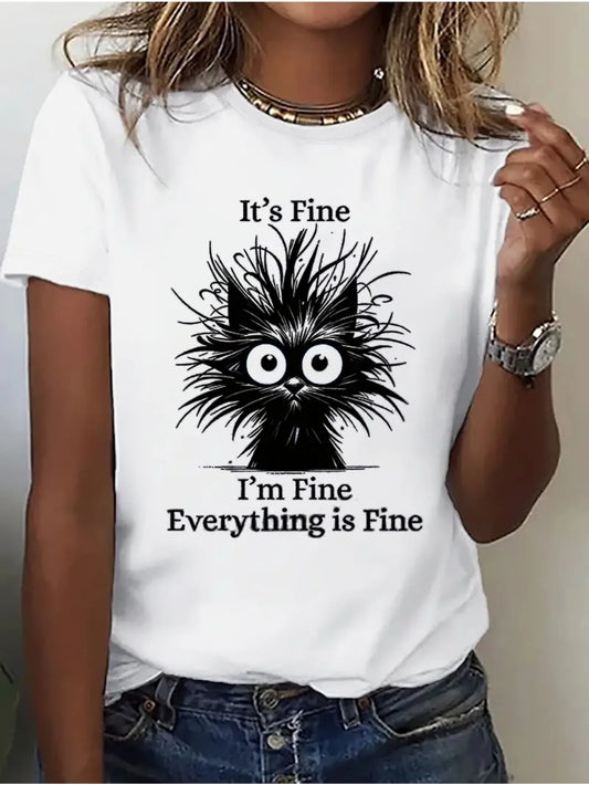 Fantastic "It Doesn'T Matter I'M Fine Everything Is Fine" Ladies' Cat T-Shirt Versatile High-Quality Leisure Sports Women'S Wear