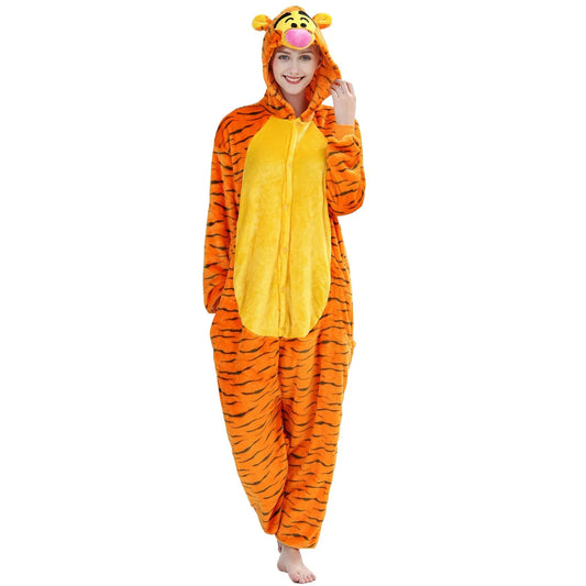 Winter Unisex 3D Jumping Tiger Cosplay Costumes Onesies Kigurumi Onesie Pajamas Adults Flannel Pyjamas Animal Sleepwear Jumpsuit