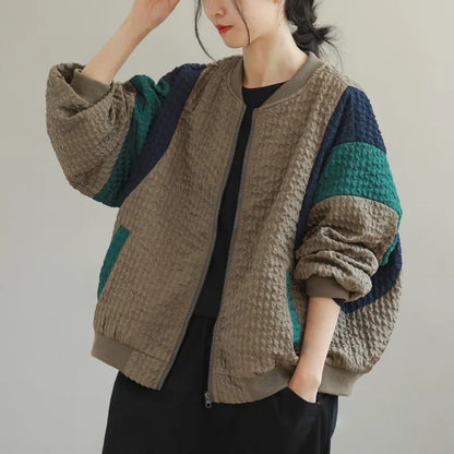 Johnature 2025 Autumn And Winter Woman New Fashion Loose Zipper O-Neck Jacket Splicing Long Sleeves Contrast Casual Jacket