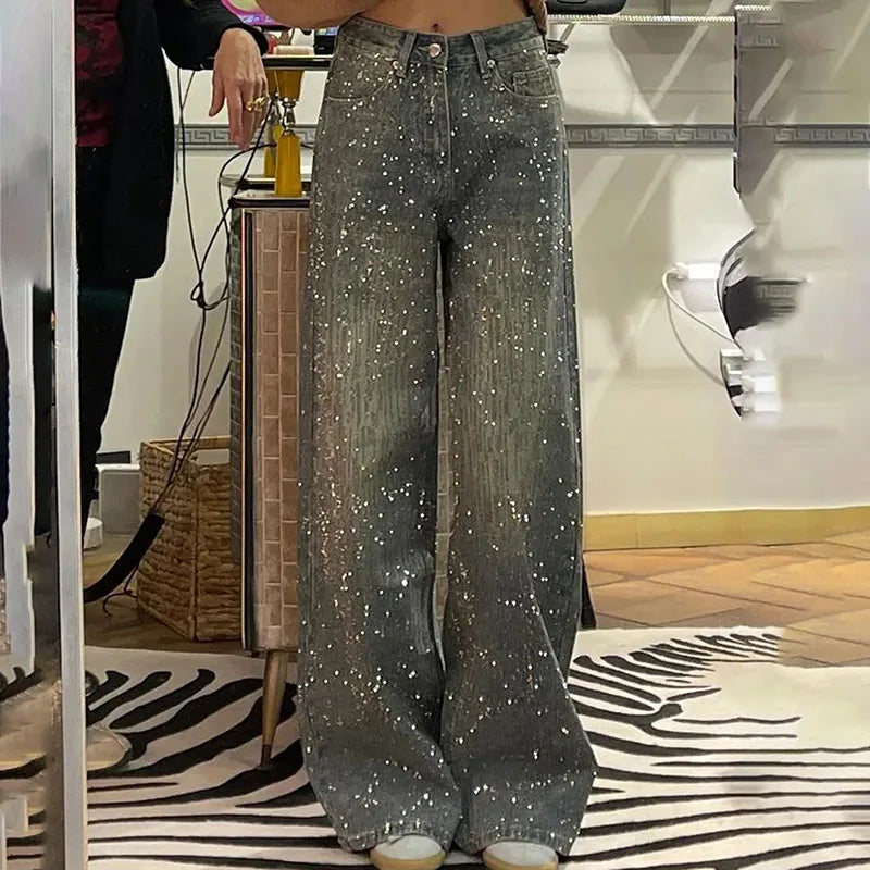 New Women's Perrusted Jeans, Starry Sky Patchwork Denim Trousers Spring Autumn Female Design With A Shiny Floor-length Pants