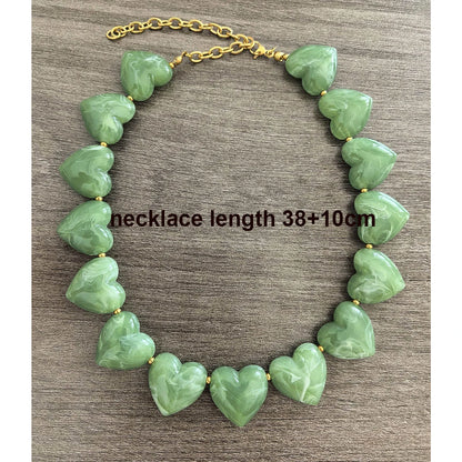 Big Love Heart Necklace Women Choker Statement Bracelet Gold Color Acrylic Beads Stainless Steel PVD Waterproof White Beige Red