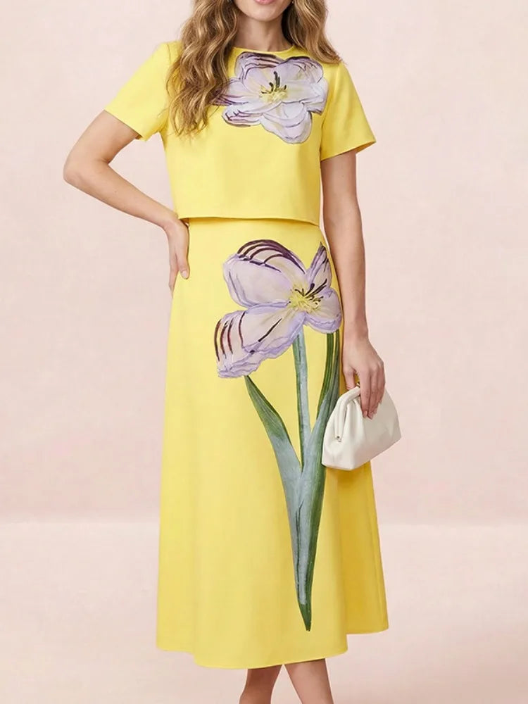 Freeacy Women's Floral Printed Dress Sets Short Sleeves Cropped T-shirt & High Waist Pleated Skirt 2026 Elegant Party Wears