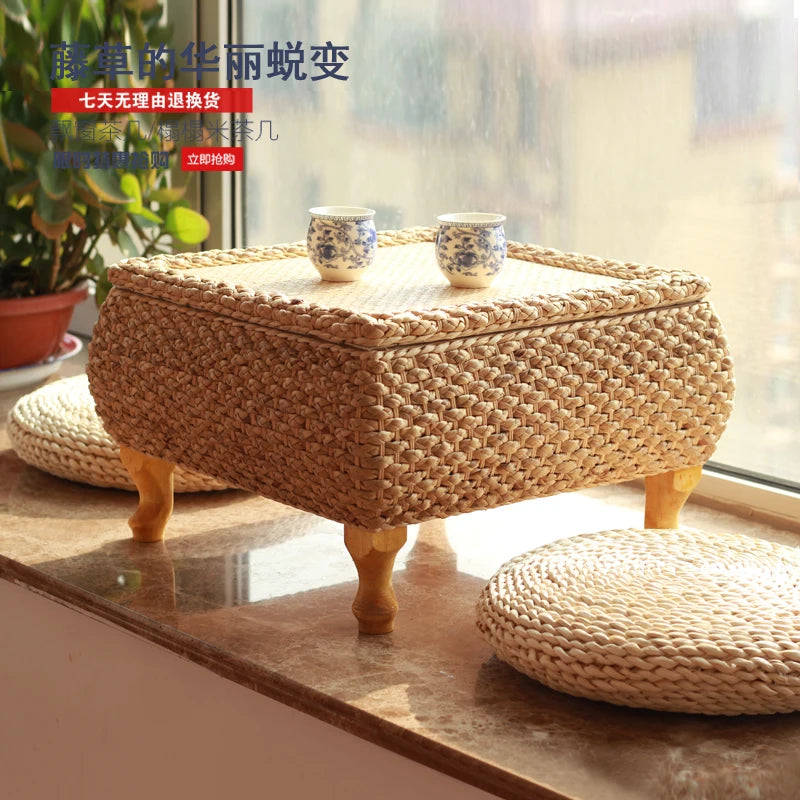 Rattan Floor Tea Table Tatami Style Minimalist Coffee Table for Balcony Low Bedside Small Space Window Area Use
