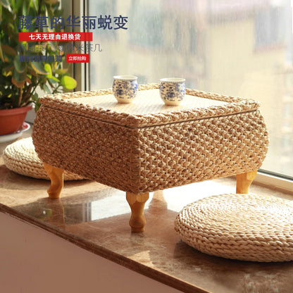 Rattan Floor Tea Table Tatami Style Minimalist Coffee Table for Balcony Low Bedside Small Space Window Area Use