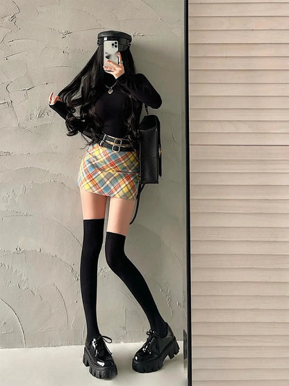WOMENGAGA Fashion Women Mini Skirts High Waist Slim Double Waistband Plaid Skirt Hip Short Skirt Sweet Spice Girls A8P1