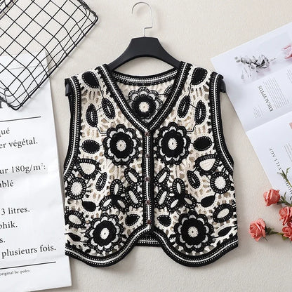 Floral Crochet Vest for Women Sheer Open-knit Flower Button Front Sleeveless Jacket Tank Top Summer Vacation Outfit