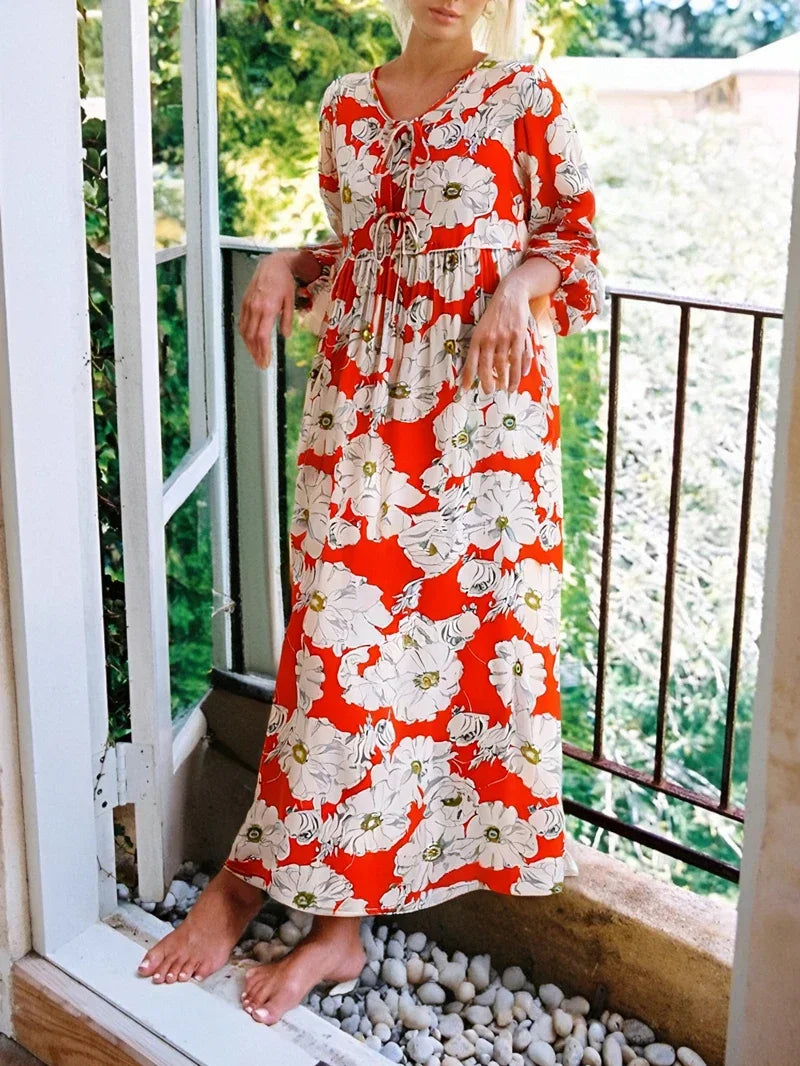 Ethnic Multi Floral Print Vintage Chic Women Long Sleeve Tie Neck Beach Bohemian Maxi Dresses Ladies Rayon Boho Dress Vestidos
