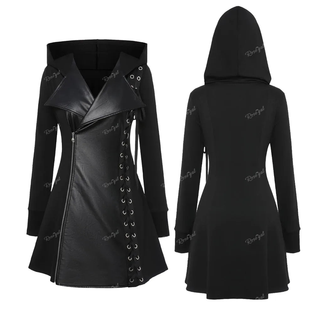 ROSEGAL Plus Size Gothic PU Panel Hooded Coats Black Slim Outwear Turn-down Collar Lace Up Braided Grommet Side Zip Jacket Coat