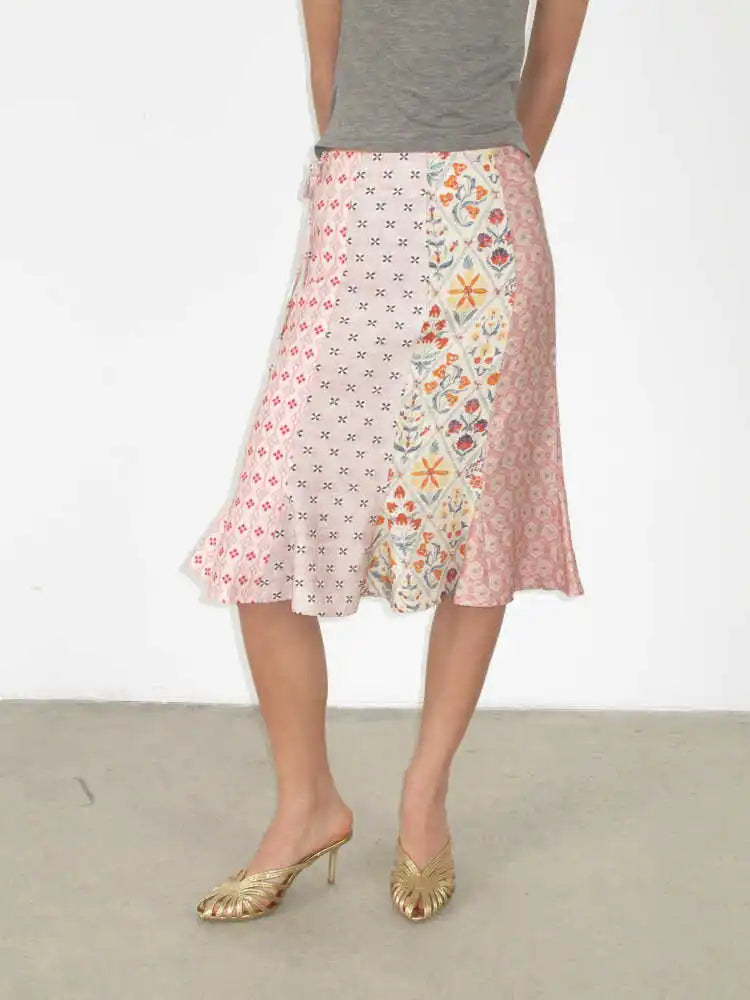 CHEERART Pink Patchwrok Floral Mermaid Skirt For Woman Summer 2025 Knee Length Ladies Fashion Bottoms Designer Clothing