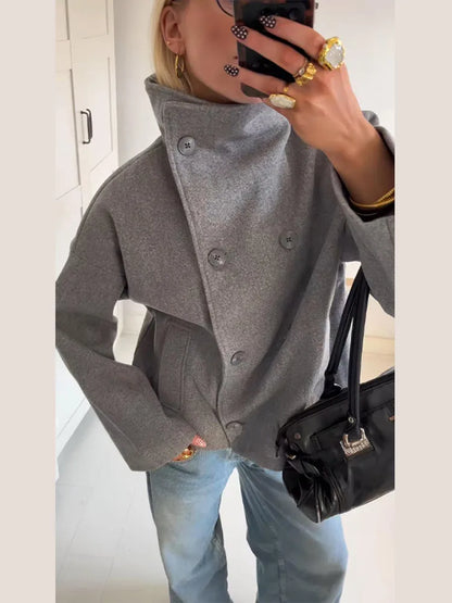 Fashion Double Breasted Stand Collar Woolen Jacket For Women 2025 Autumn Winter Long Sleeve Coats Chic New Female Outwear Street