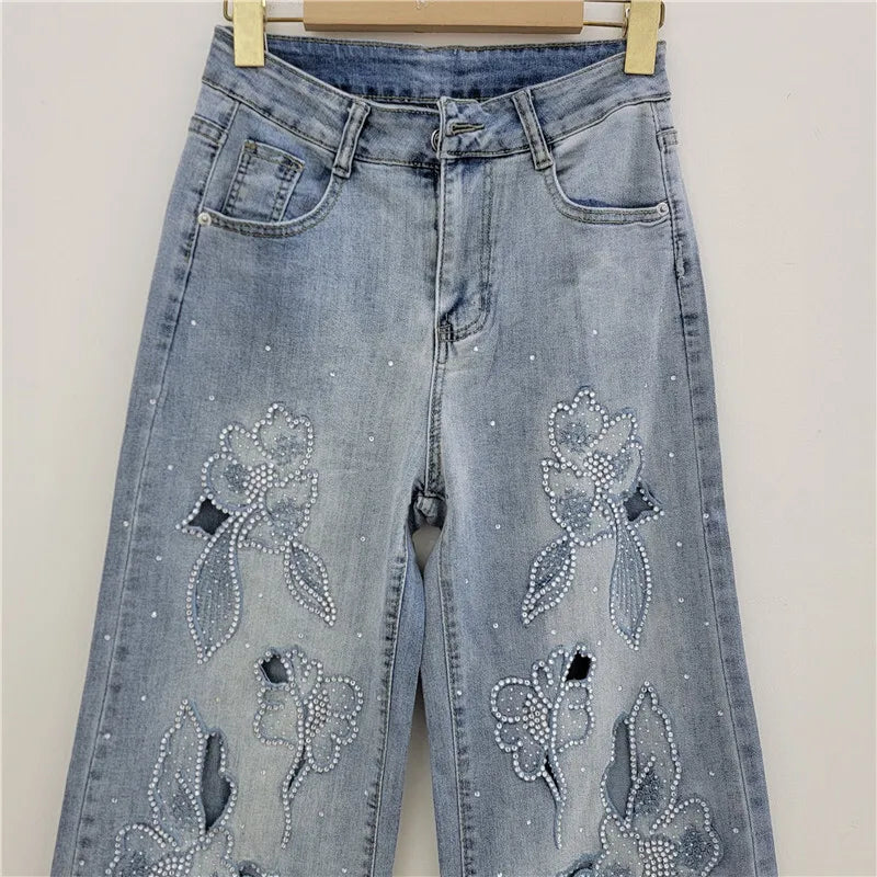 DEAT Women's Jeans High Waist Embroidery Flowers Burrs Edge Straight Wide Leg Denim Pants 2026 New Fashion Summer 29L9973