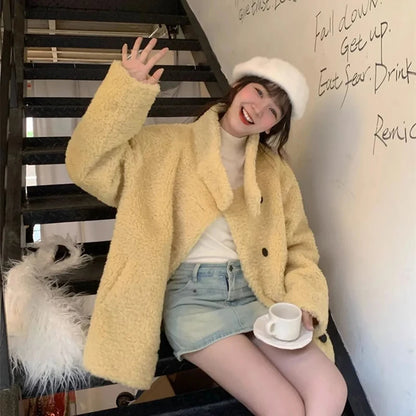 Women Faux Wool Coats Winter Thick Stand Collar Loose Casual Preppy Sweet Jacket Japanese Long Sleeve Button Vintage Outwear New