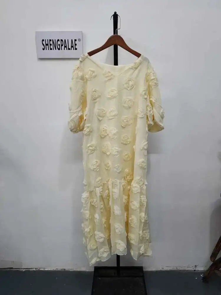 SHENGPALAE Fashion Rose Blossom Bubble Sleeve V-Neck Dress Elegan Chic Short Sleeve Robe Women's 2024 Summer New Clothing 5R3438