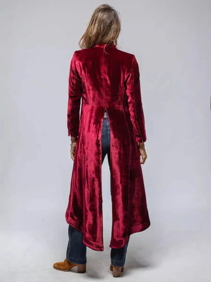 2024 new European and American velvet long cardigan solid color retro split coat windbreaker loose coat