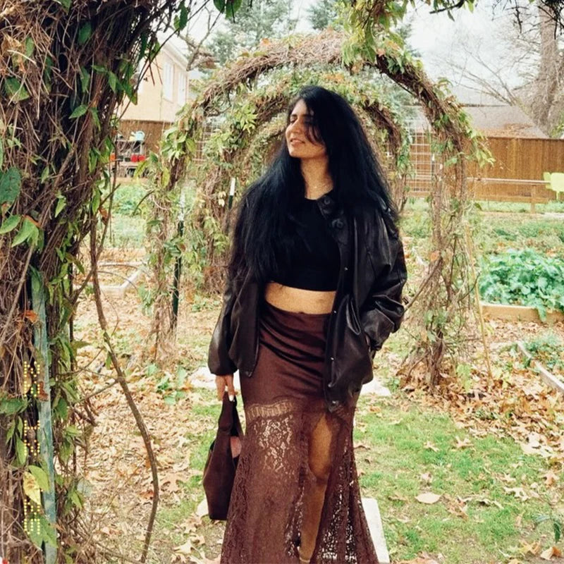 2026 Vintage Brown Lace Irregular Skirt Women Vintage Satin High Waist Slim Fit See Through Skirts New Spring Lady Party Outfits