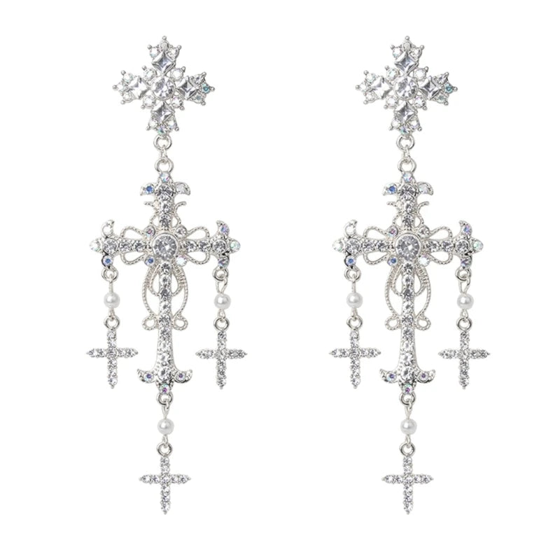 Korean Novel Trend Luxury Palace Style Silver Gold Crystal Pearl Crossed Dangle Earrings for Women Elegant Party Jewelry