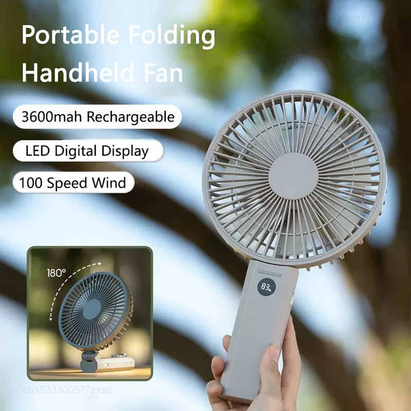 Portable Folding Handheld Fan 3600mAh Desktop Rechargeable Household Fan with LED Digital 100-speed Wind Angle Adjustable