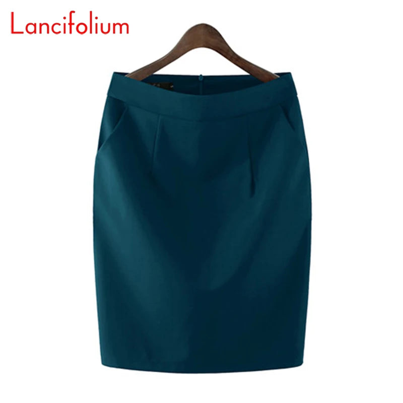 Knee Length Work Office High Waist Skirt Women Summer Vintage Formal OL Skirt Pocket Female Black Grey Bodycon Business Skirt