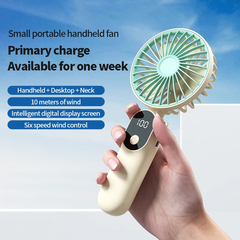 Portable MiNi USB Fan with 6 Speeds and Digital Display Foldable 3-in-1 Handheld Neck and Desktop Fan for Trave Outdoor