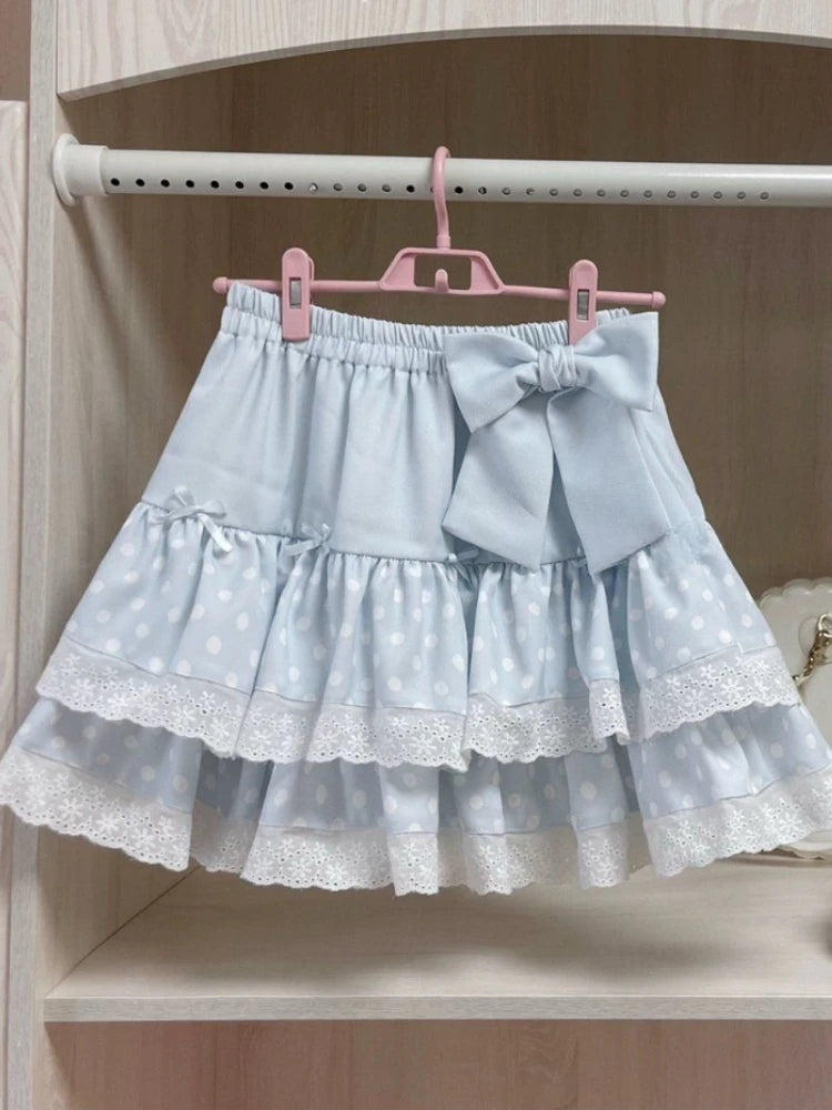 Japanese Kawaii Lolita Mini Skirt Women Cartoon Print Jupe Faldas Mujer De Moda A-line Pleated Skirt Patchwork Lace Cake Skirt