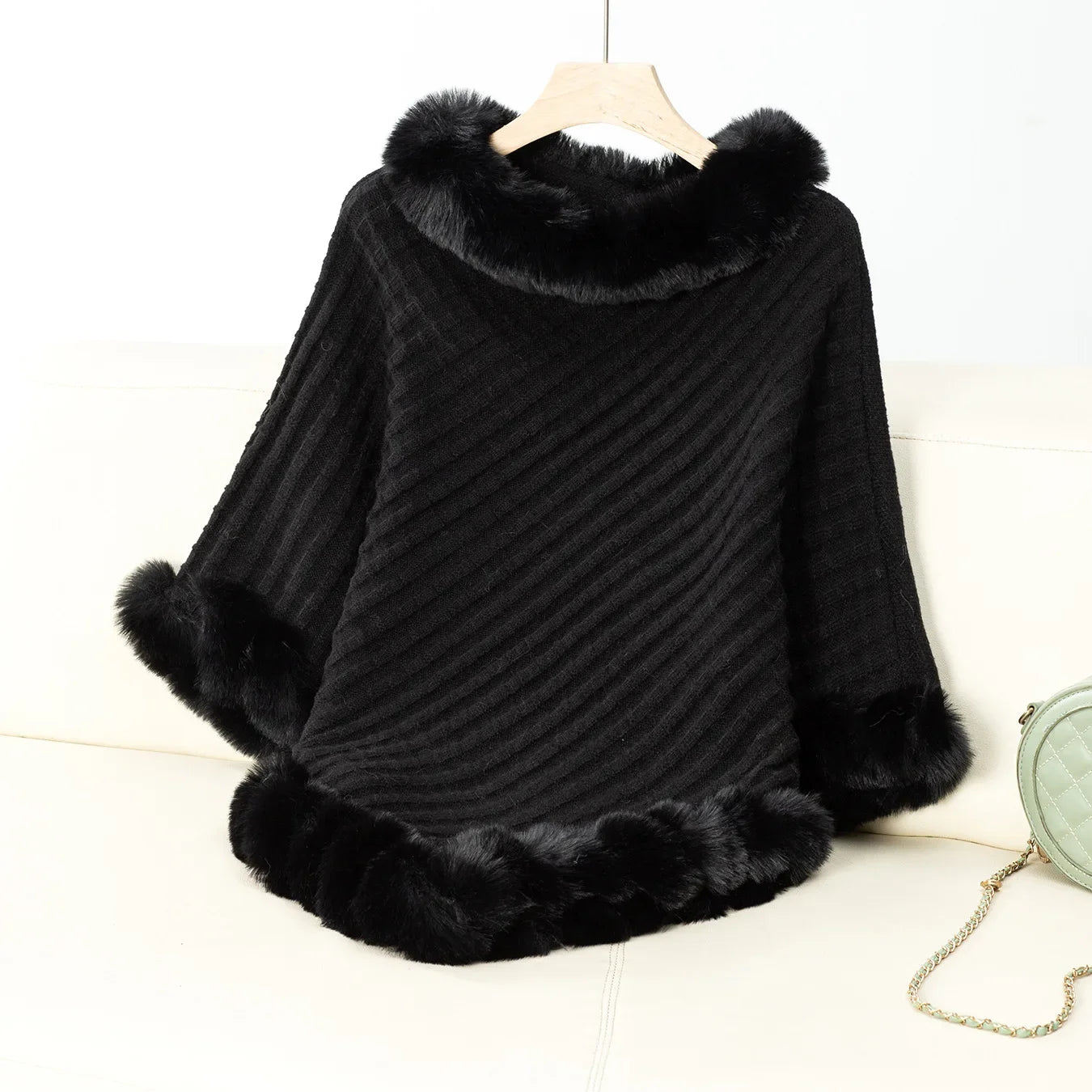 Knitted Cloak Sweater Women Shawl Outwear Warm Hairball Knit Casual Loose Plaid Poncho Cape Coat Spliced Solid Elegant