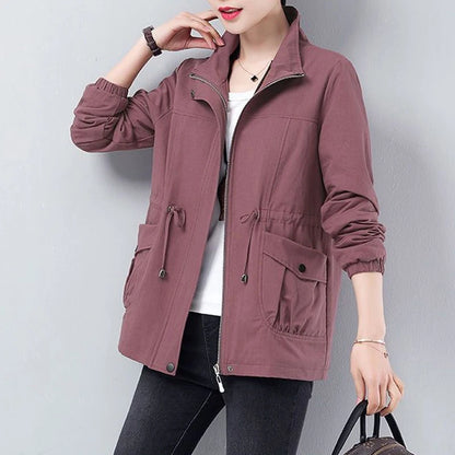 Double Layer Women Spring Autumn Korean Plus Size Lining Windbreaker Drawstring Waist Stand Collar Jacket Jackets for Women