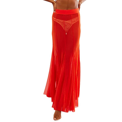 Fashion Women’s Mesh Sheer Long Skirts Elastic High Waist Ruffle Hem Flowy Skirts Casual A-line Midi Skirts
