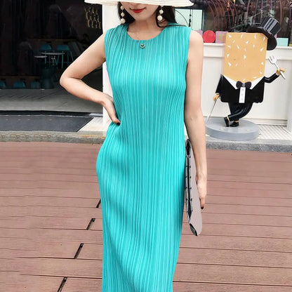 Long Dress Elegant Midi Dress for Women Pleated Loose Fit Round Neck Vest Dress in Solid Color for Office or Casual Wear Pleated