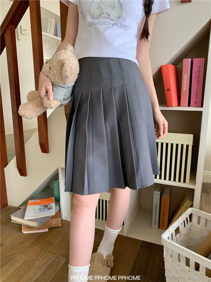 Women's Summer Streetwear Knee Length Pleated Skirt Lady School Style High Waist A Line Mid Length Skirt