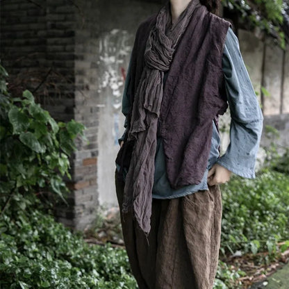 Johnature Women Vintage Linen Bandage Vests Coats Dark Purple V-Neck Chinese Style Clothes 2025 Autumn New Women Vests Coats