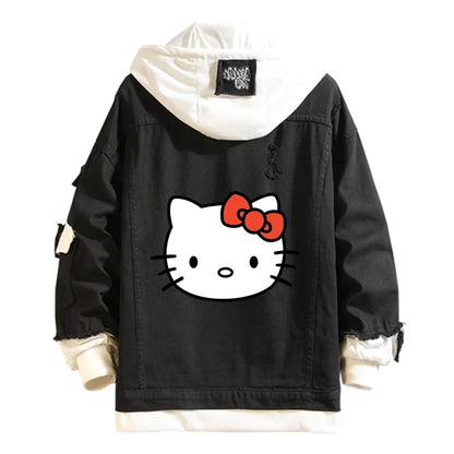 Anime Sanrio Denim Bomber Jacket Hello Kitty Hooded Jeans Sweatshirt Unisex Ripped Hole Cosplay Hoodie Long-Sleeved Denim Jacket
