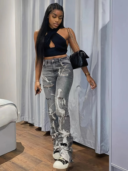 Popular female Spice Girl style slim-fit ripped jeans