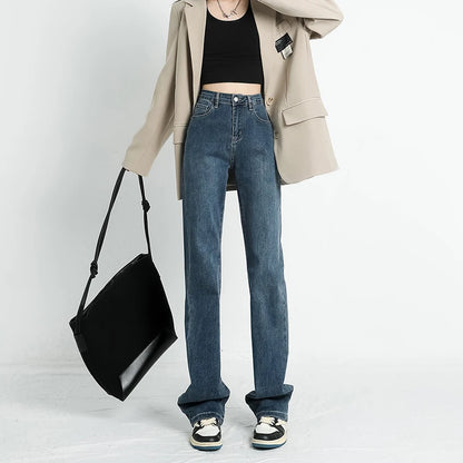 Autumn New Women's Stretch Jeans High Waist Slim Straight Vintage Washed Denim Pants Fashion Korean Street Y2K Female Clothing