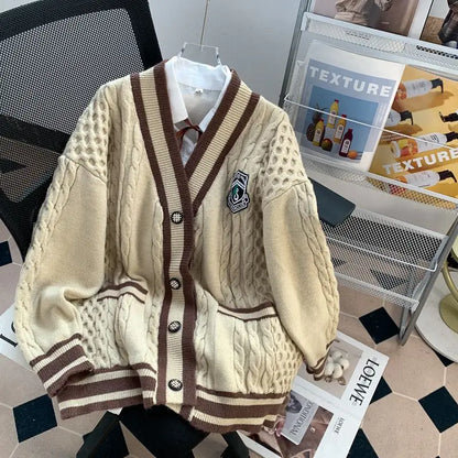 College Style V-neck Cardigan Sweater Jacket New Style Women's Autumn and Winter Wear Loose and Lazy Outer Knitted Top