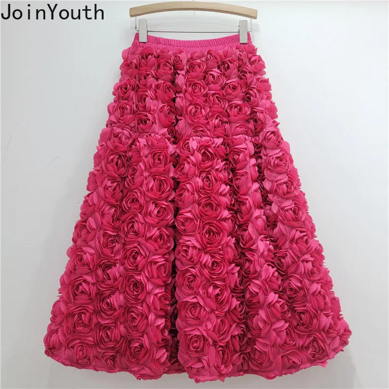 Chic 3D Floral Skirt for Women Temperament Jupe 2025 Faldas Mujer De Moda High Waist Loose Saia A-line Sweet Solid Color Skirts