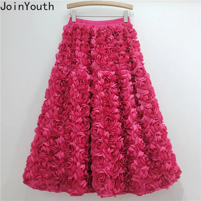 Chic 3D Floral Skirt for Women Temperament Jupe 2025 Faldas Mujer De Moda High Waist Loose Saia A-line Sweet Solid Color Skirts