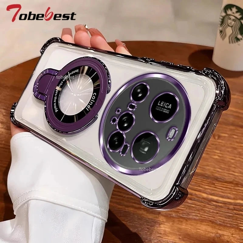 Shockproof Plating Magnetic Bracket Magsafe Case For Xiaomi 15 14 14T 13 12 Ultra Pro Mi 15Ultra Silicone Cover