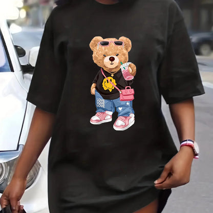 Women's Summer Casual Loose Size BEAR cartoon Print Round Neck Short Sleeve T-shirt Dress Fashion Streetwear Oversized O-Neck